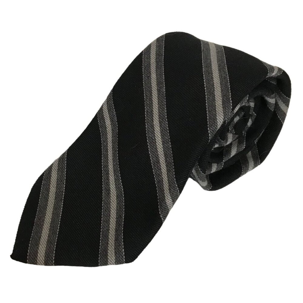 Harry Rosen Tie Calvary Twill 80% Wool Mens Black & Gray Striped REPP Neck Tie